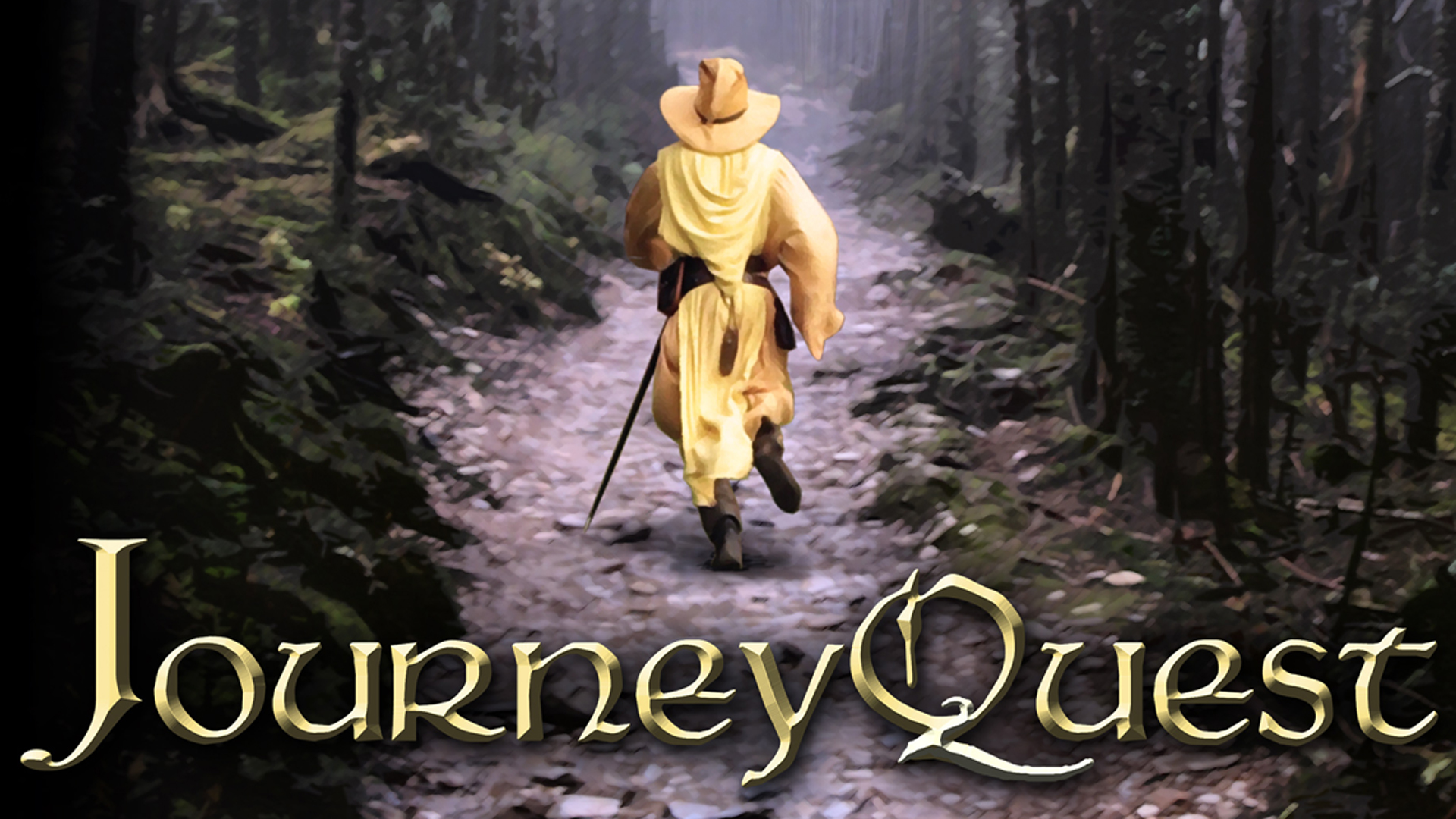 A man in a yellow hat and yellow robe with a silver sword runs away from the camera and the word JourneyQuest