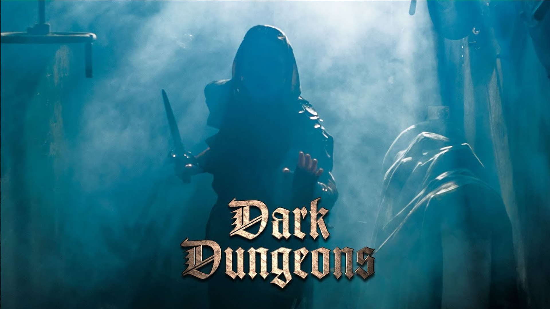 a shadowed figure holds a knife in one hand and beckons the viewer with the other. the superimposed text reads Dark Dungeons
