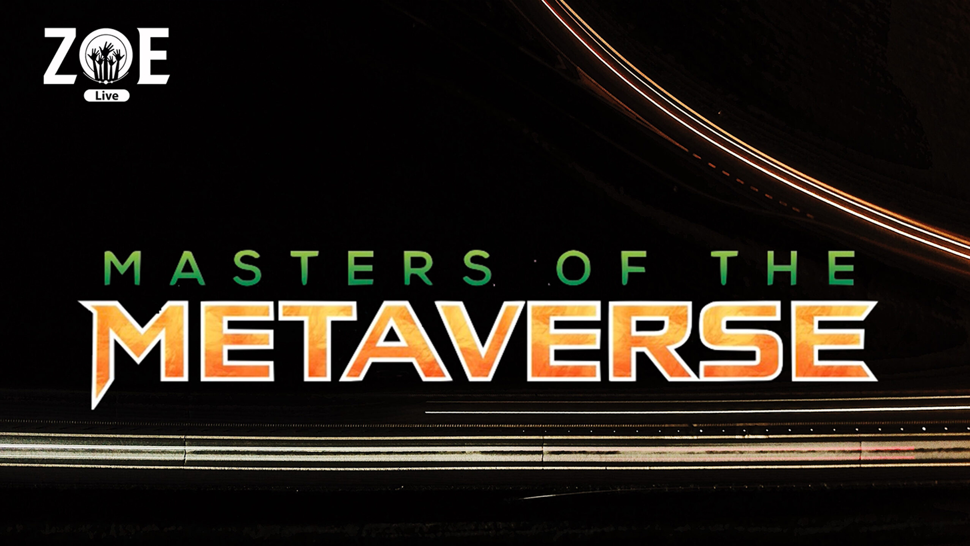 a black background with some colors drawn across it in abstract lines. Text reads Masters of the Metaverse 